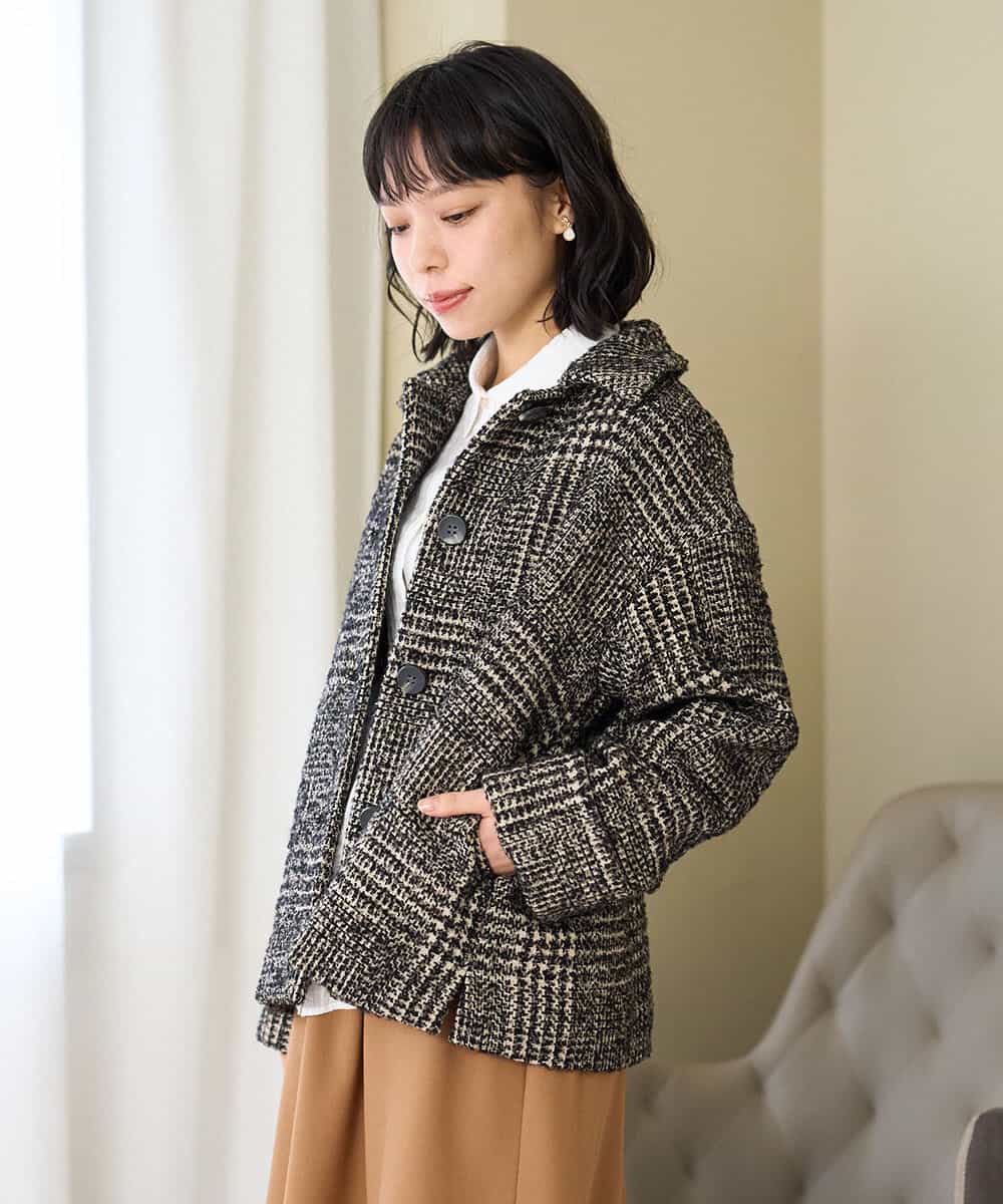 NHVAH36690 GIANNI LO GIUDICE(小さいサイズ)(メゾン ドゥ サンク) [日本製]グレンチェックツイードコート ブラック