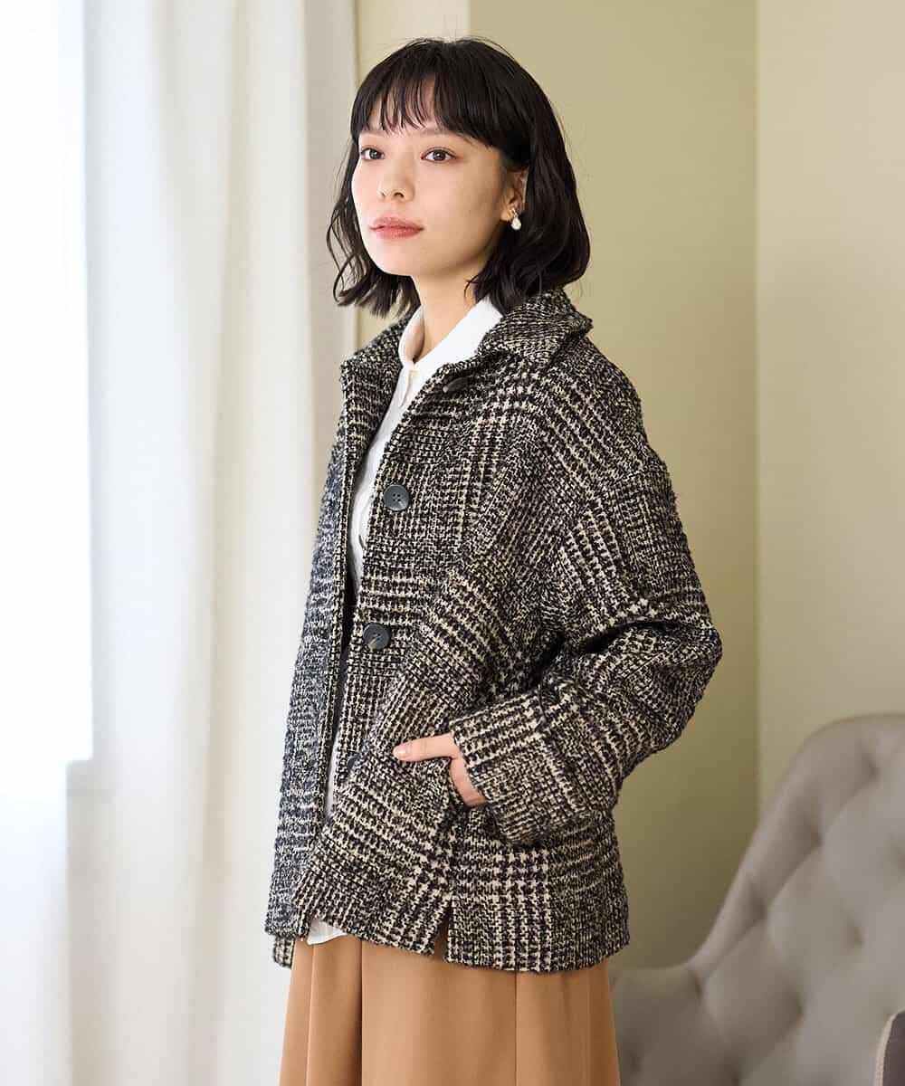 NHVAH36690 GIANNI LO GIUDICE(小さいサイズ)(メゾン ドゥ サンク) [日本製]グレンチェックツイードコート ブラック