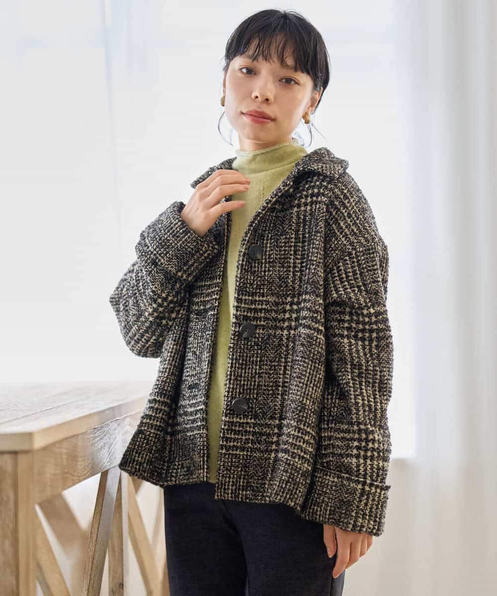 NHVAH36690 GIANNI LO GIUDICE(小さいサイズ)(メゾン ドゥ サンク) [日本製]グレンチェックツイードコート ブラック