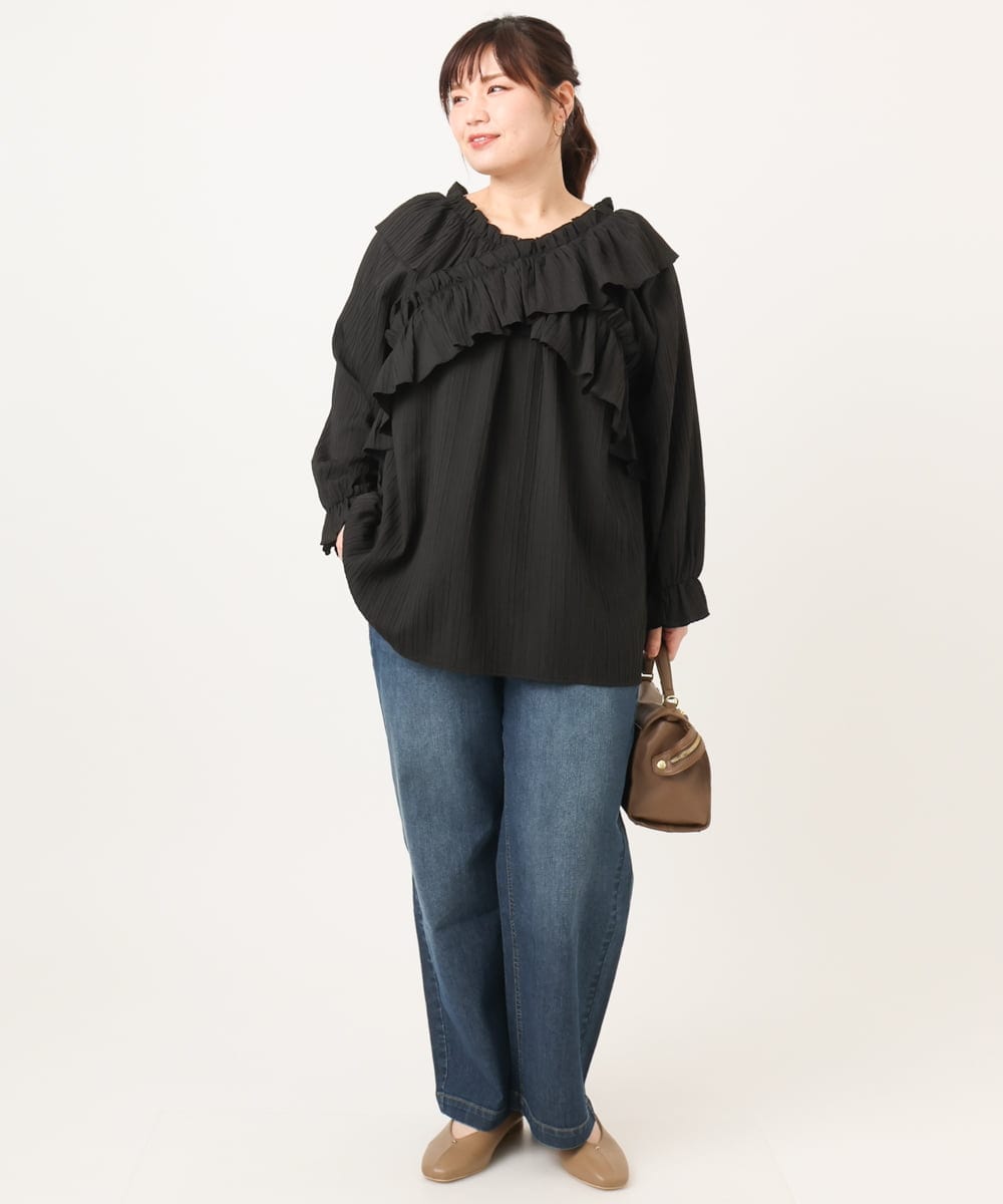 OLBCD12099 eur3(エウルキューブ) 【大きいサイズ】2WAYフリルギャザーブラウス ブラック(94)