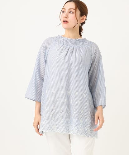 OLBEA16119  【大きいサイズ】シャーリング刺繍ブラウス