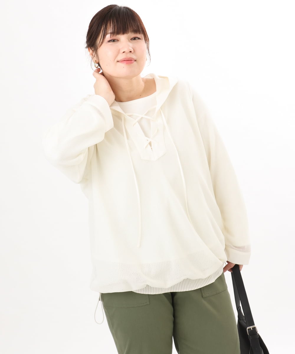 OLBED16119 eur3(エウルキューブ) 【大きいサイズ】レースアップメッシュフーディ アイボリー