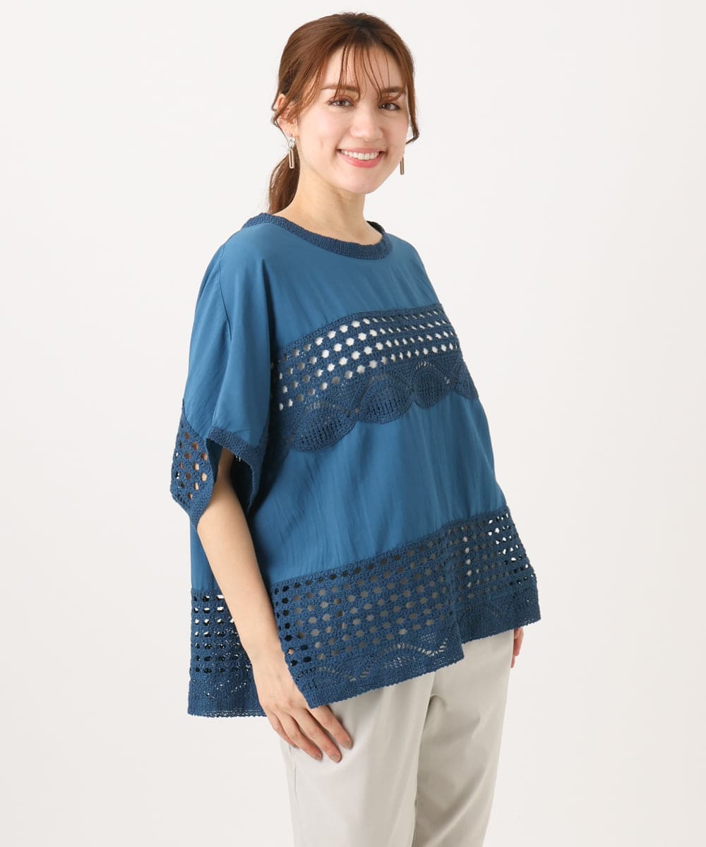 OLBED29119 eur3(エウルキューブ) 【大きいサイズ】かぎ針切り替えブラウス ブルー