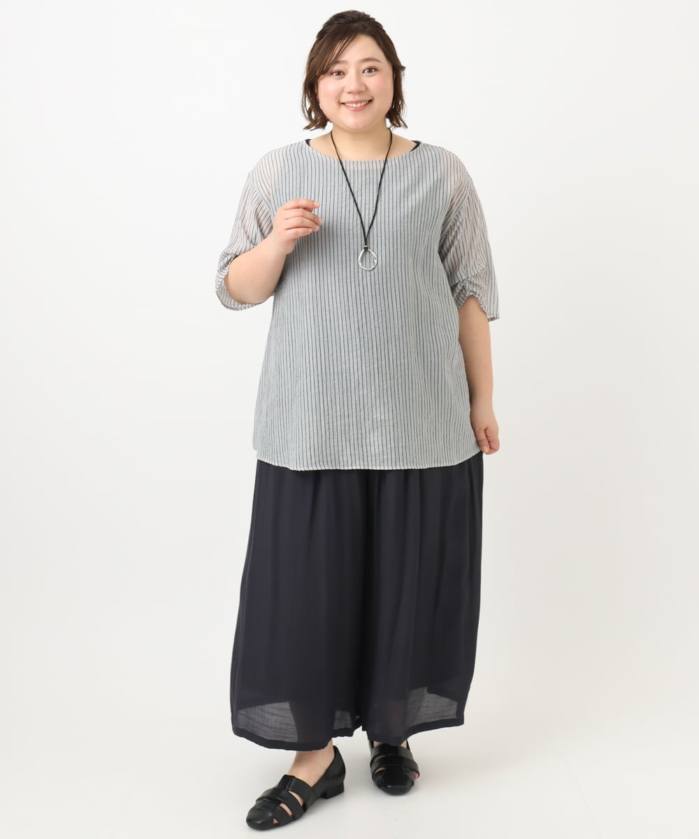 OLBFA23099 eur3(エウルキューブ) 【大きいサイズ】シアーストライプタンクトップセット ライトグレー(91)