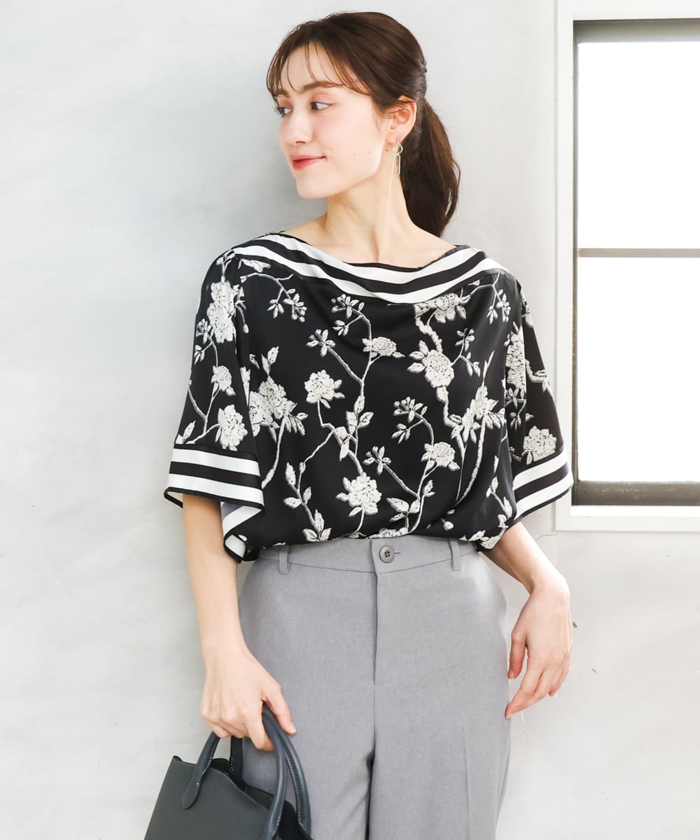 OLBFD27089 eur3(エウルキューブ) 【大きいサイズ】スカーフプリントブラウス ブラック