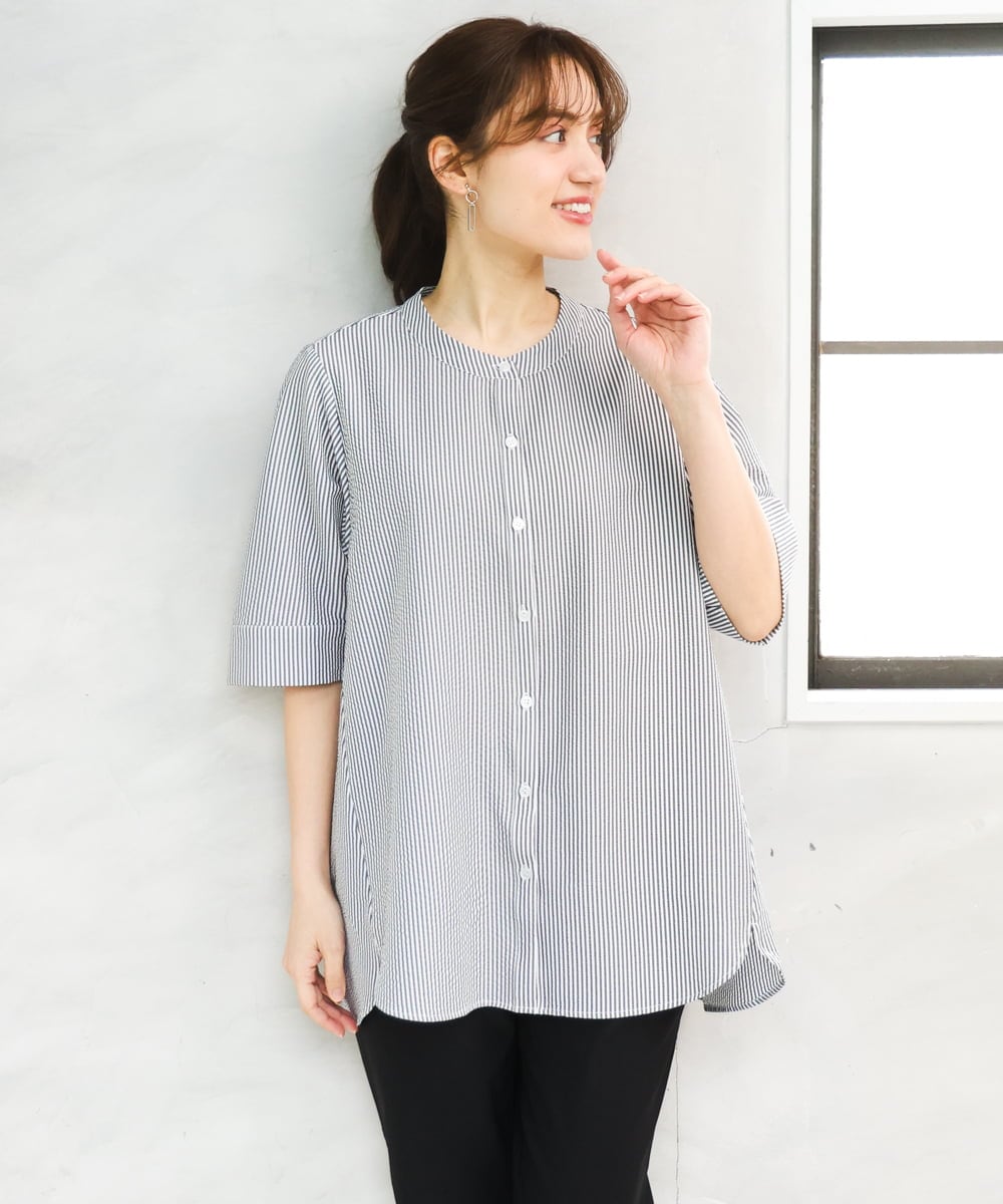OLBGD26099 eur3(エウルキューブ) 【大きいサイズ】サッカーストライプブラウス ブラック