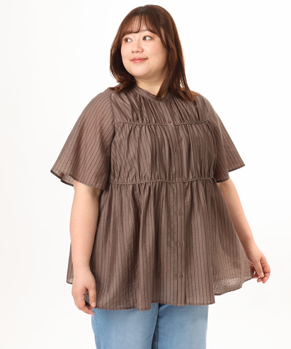 OLBGD33099 eur3(エウルキューブ) 【大きいサイズ】シア―ストライプブラウス ダークブラウン