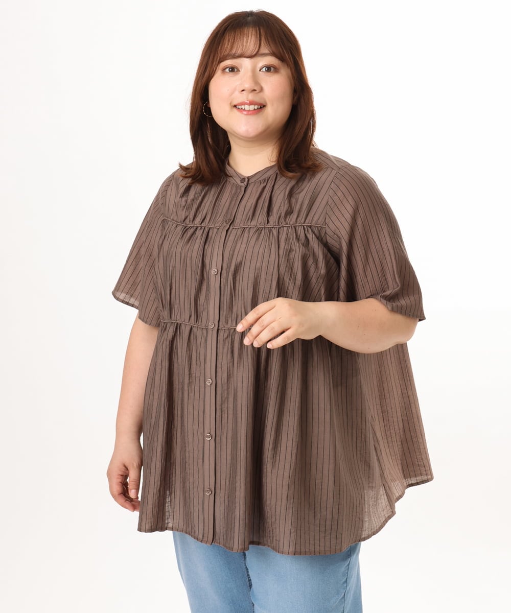 OLBGD33099 eur3(エウルキューブ) 【大きいサイズ】シア―ストライプブラウス ダークブラウン
