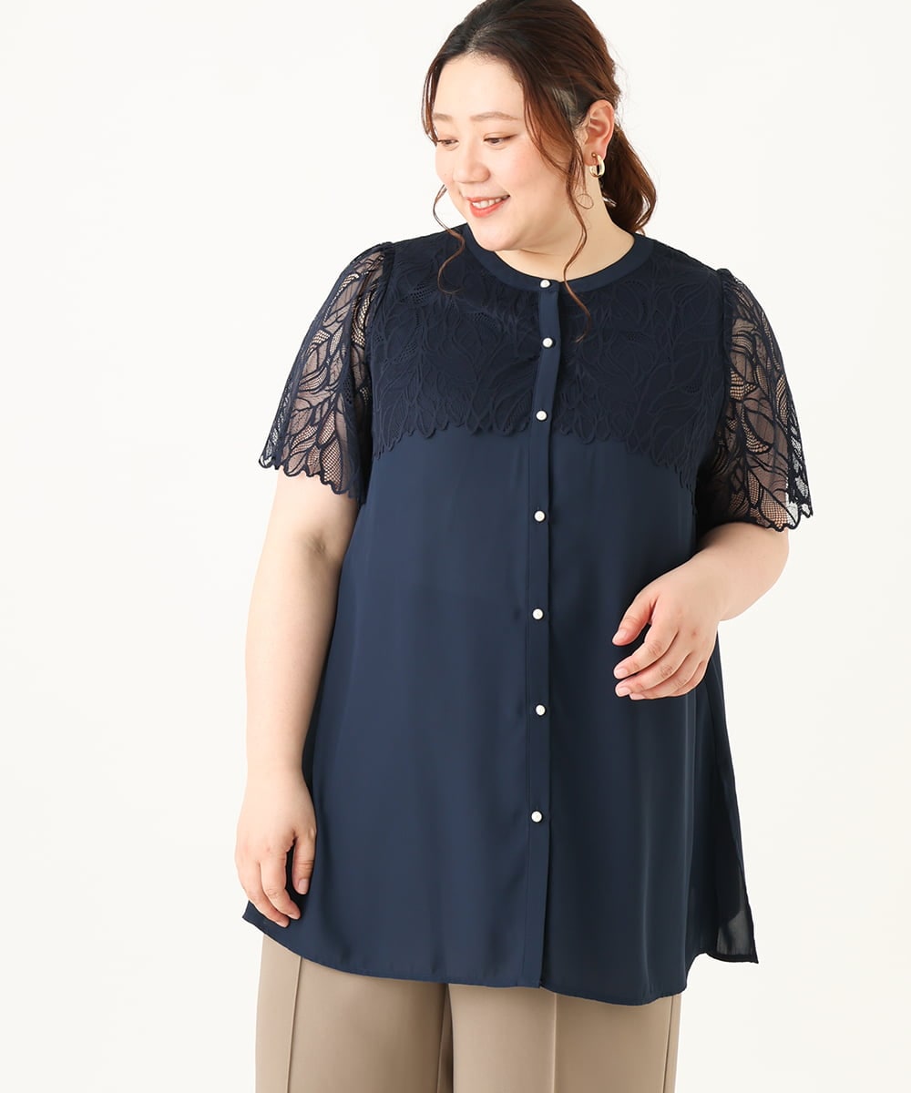 OLBGV30079 eur3(エウルキューブ) 【大きいサイズ】スカラップレースブラウス ネイビー(57)