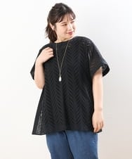 OLBHS32090 eur3(エウルキューブ) 【大きいサイズ】リーフ柄ポンチョ風レースブラウス ブラック(94)