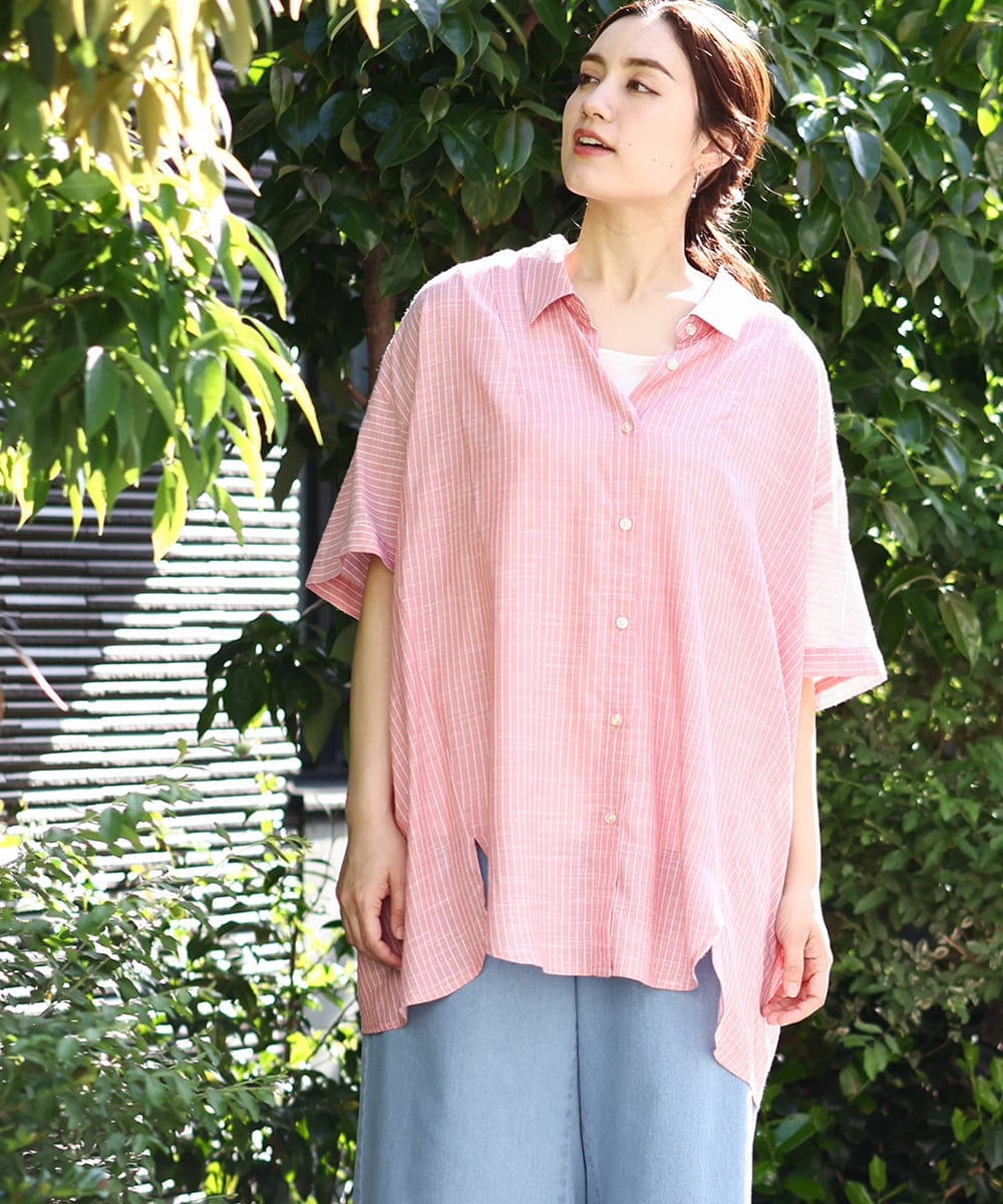 OLBHV32099 eur3(エウルキューブ) 【大きいサイズ】バックギャザーストライプシャツ オレンジ(15)