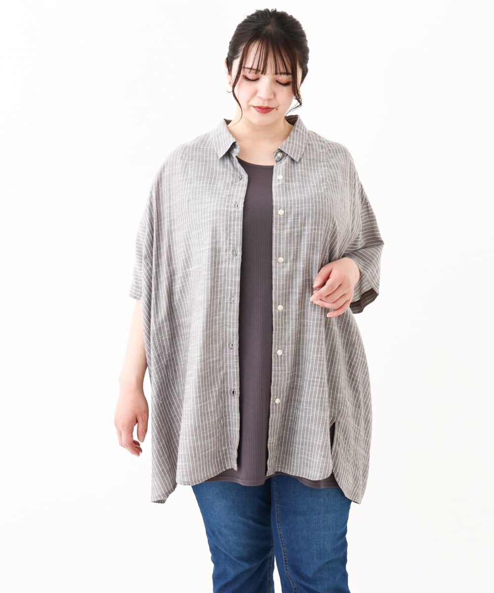 OLBHV32099 eur3(エウルキューブ) 【大きいサイズ】バックギャザーストライプシャツ グレー(92)