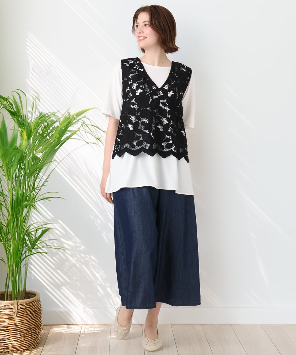 OLBID48119 eur3(エウルキューブ) 【大きいサイズ】エンブロイダリーレースベスト ブラック