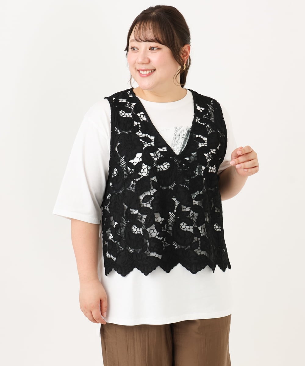 OLBID48119 eur3(エウルキューブ) 【大きいサイズ】エンブロイダリーレースベスト ブラック