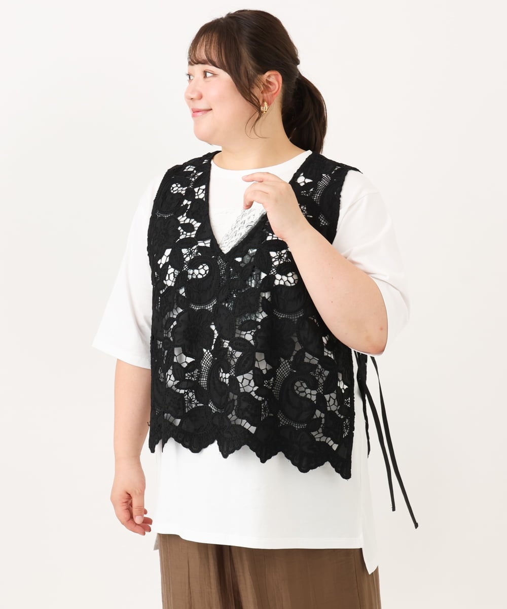 OLBID48119 eur3(エウルキューブ) 【大きいサイズ】エンブロイダリーレースベスト ブラック