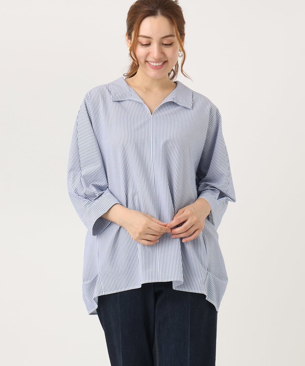 OLBJA02099 eur3(エウルキューブ) 【大きいサイズ】バックギャザーストライプシャツ ブルー(55)