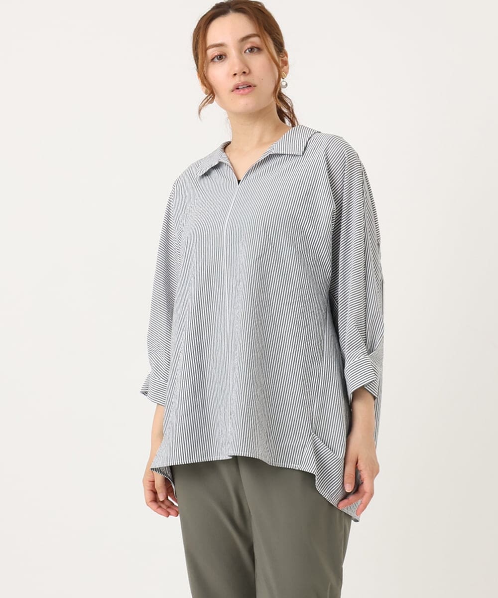 OLBJA02099 eur3(エウルキューブ) 【大きいサイズ】バックギャザーストライプシャツ ブラック(94)