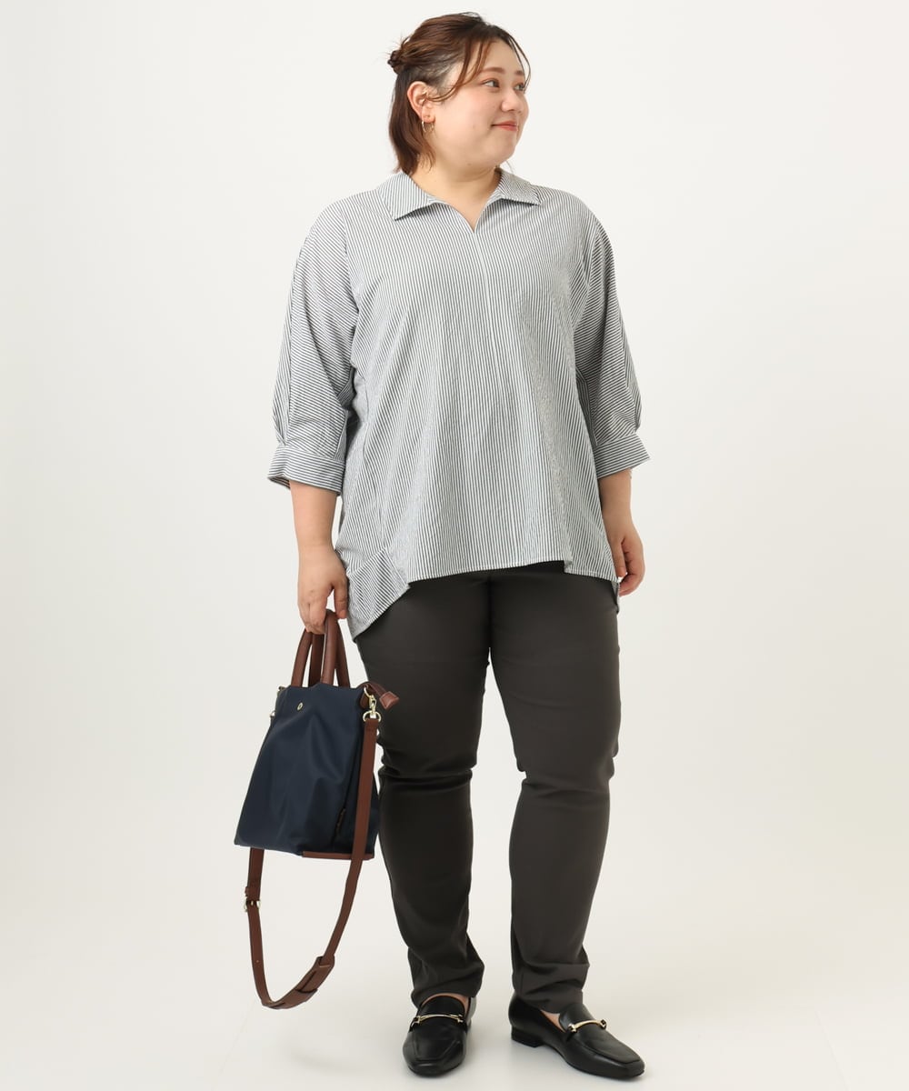 OLBJA02099 eur3(エウルキューブ) 【大きいサイズ】バックギャザーストライプシャツ ブラック(94)