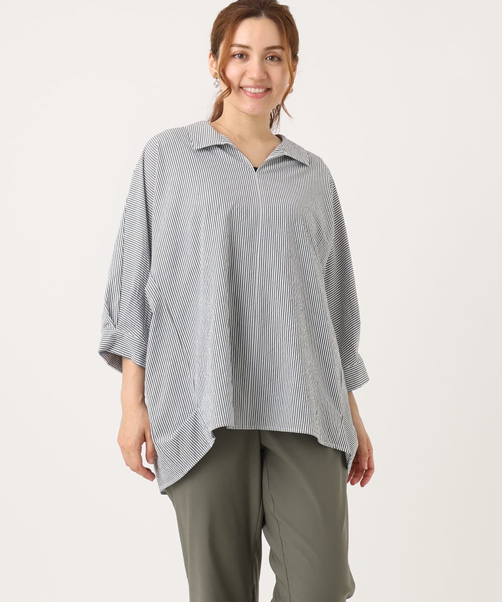 OLBJA02099 eur3(エウルキューブ) 【大きいサイズ】バックギャザーストライプシャツ ブラック(94)
