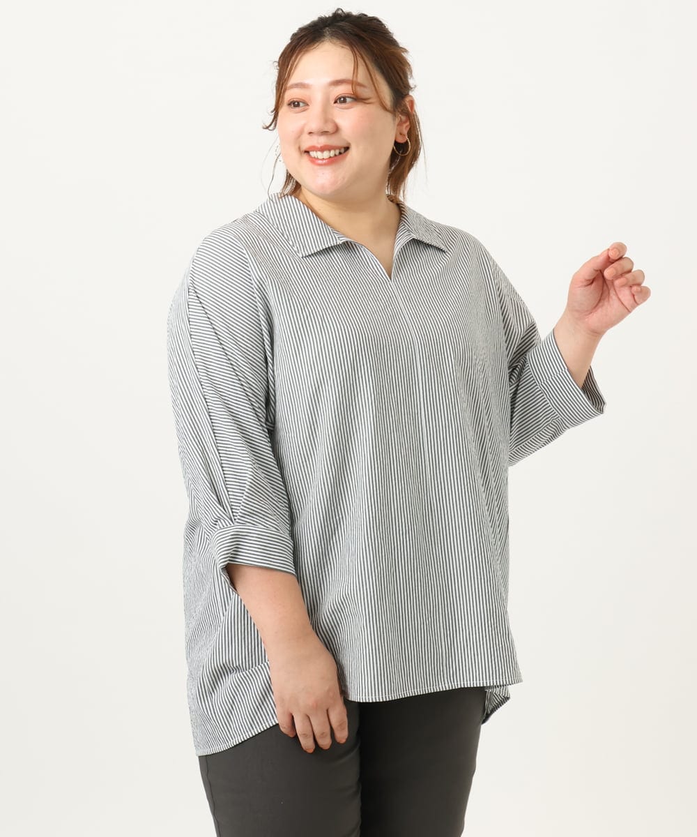 OLBJA02099 eur3(エウルキューブ) 【大きいサイズ】バックギャザーストライプシャツ ブラック(94)
