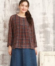 OLBKA06089 eur3(エウルキューブ) 【大きいサイズ】カットジャカードチェック柄ブラウス オレンジ(15)