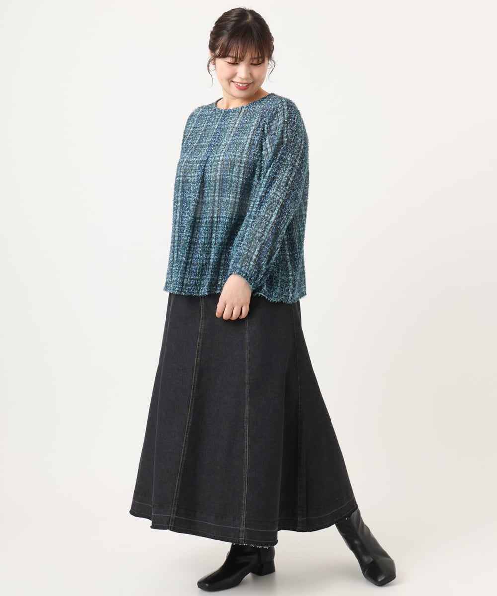 OLBKA06089 eur3(エウルキューブ) 【大きいサイズ】カットジャカードチェック柄ブラウス ブルー(55)