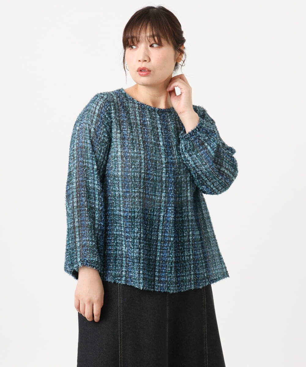 OLBKA06089 eur3(エウルキューブ) 【大きいサイズ】カットジャカードチェック柄ブラウス ブルー(55)