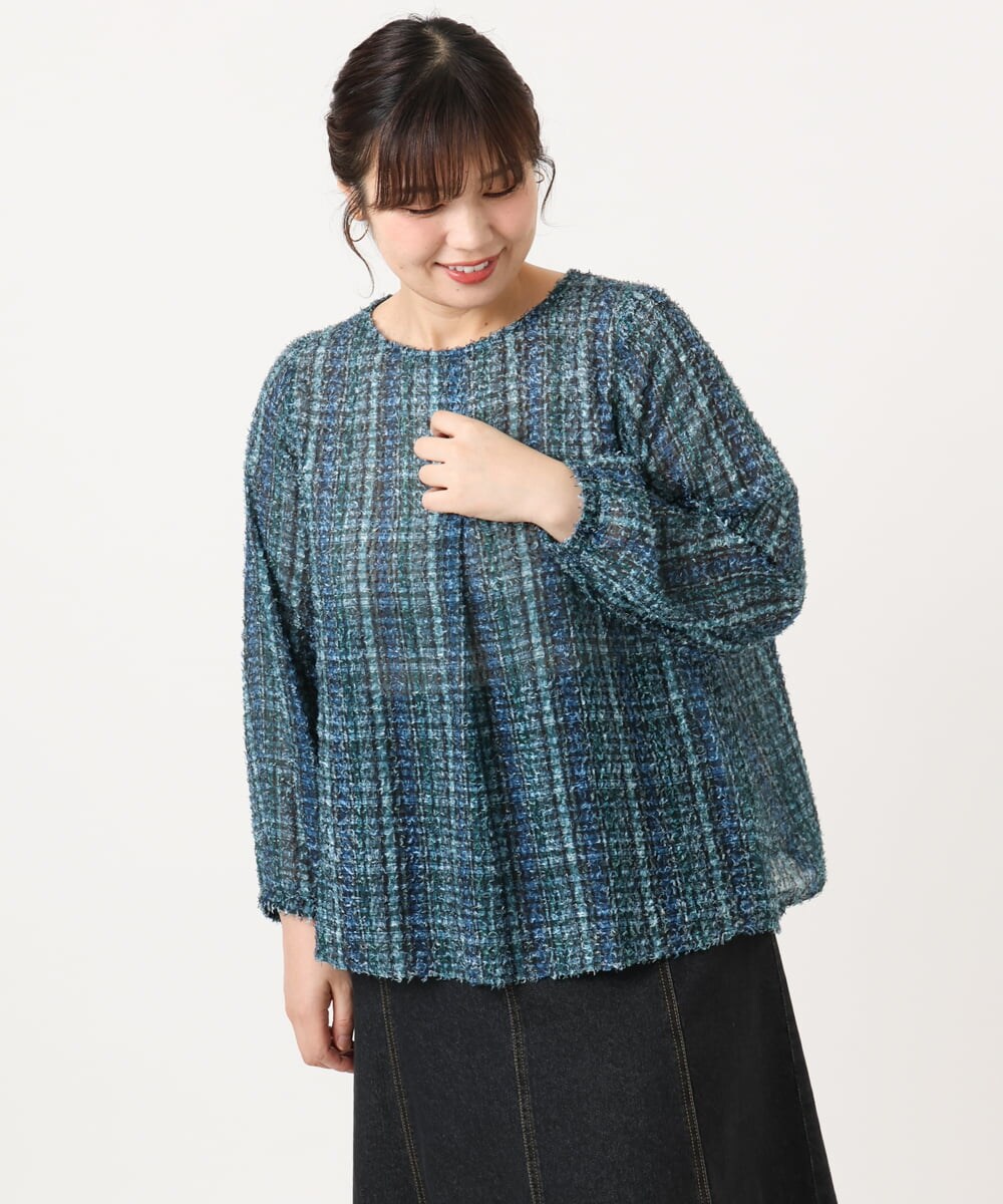 OLBKA06089 eur3(エウルキューブ) 【大きいサイズ】カットジャカードチェック柄ブラウス ブルー(55)