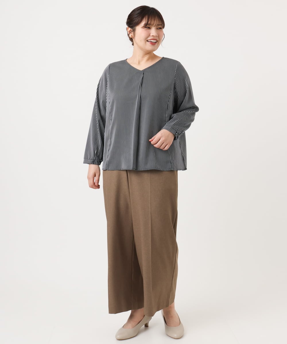 OLBKA08079 eur3(エウルキューブ) 【大きいサイズ/11号サイズあり】Vネックストライプブラウス ネイビー(57)
