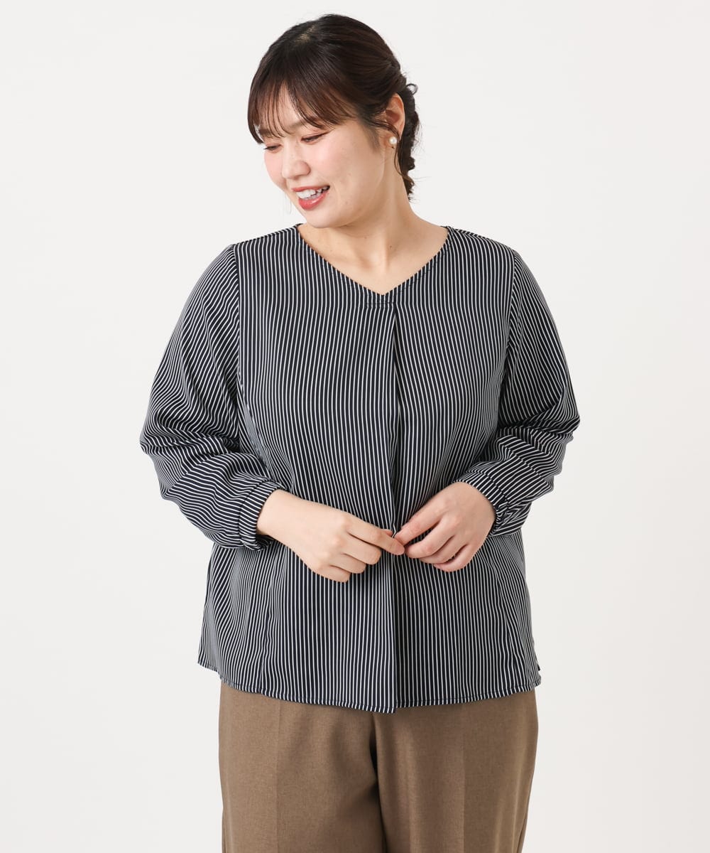 OLBKA08079 eur3(エウルキューブ) 【大きいサイズ/11号サイズあり】Vネックストライプブラウス ネイビー(57)