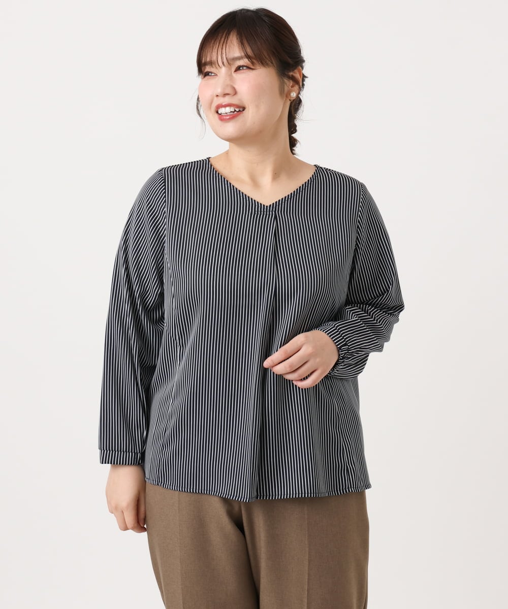 OLBKA08079 eur3(エウルキューブ) 【大きいサイズ/11号サイズあり】Vネックストライプブラウス ネイビー(57)