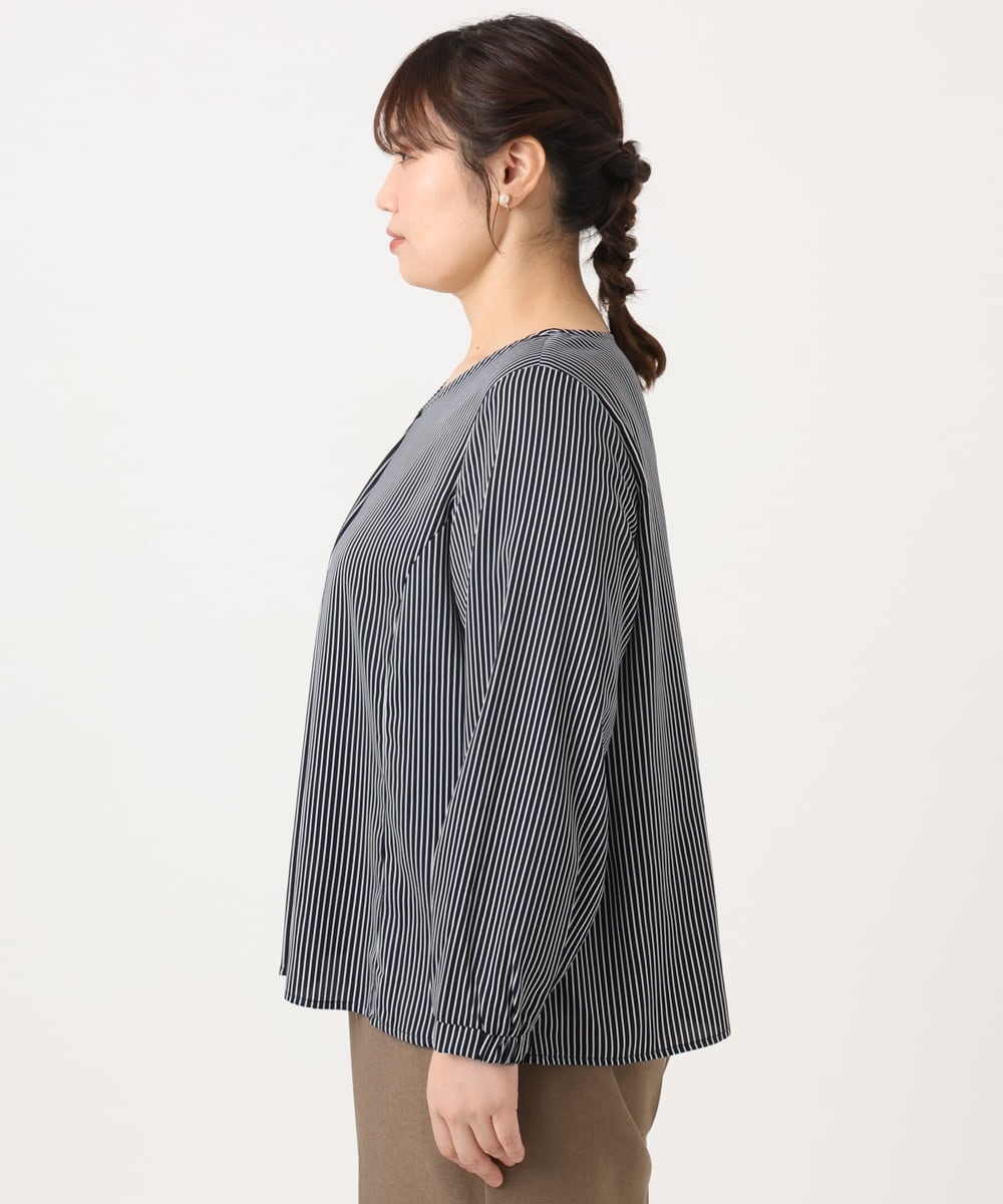 OLBKA08079 eur3(エウルキューブ) 【大きいサイズ/11号サイズあり】Vネックストライプブラウス ネイビー(57)