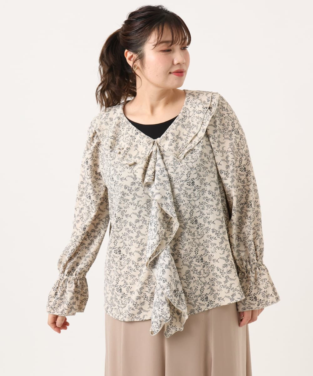 OLBKA15099 eur3(エウルキューブ) 【大きいサイズ】ラッフルネック小花プリントブラウス ベージュ(82)