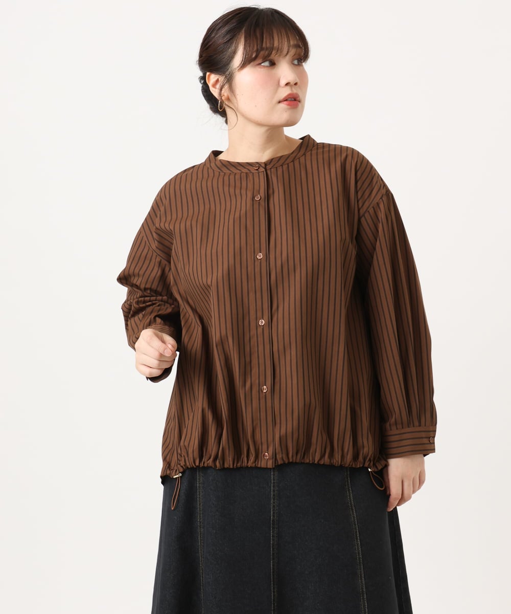 OLBKA16089 eur3(エウルキューブ) 【大きいサイズ】バンドカラーストライプブラウス ダークブラウン(87)