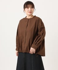 OLBKA16089 eur3(エウルキューブ) 【大きいサイズ】バンドカラーストライプブラウス ダークブラウン(87)