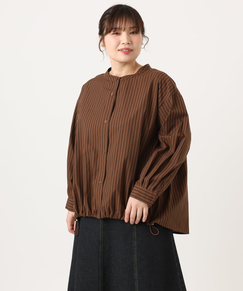 OLBKA16089 eur3(エウルキューブ) 【大きいサイズ】バンドカラーストライプブラウス ダークブラウン(87)