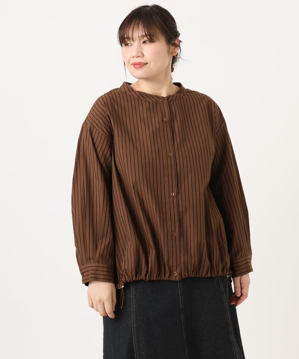 OLBKA16089 eur3(エウルキューブ) 【大きいサイズ】バンドカラーストライプブラウス ダークブラウン(87)
