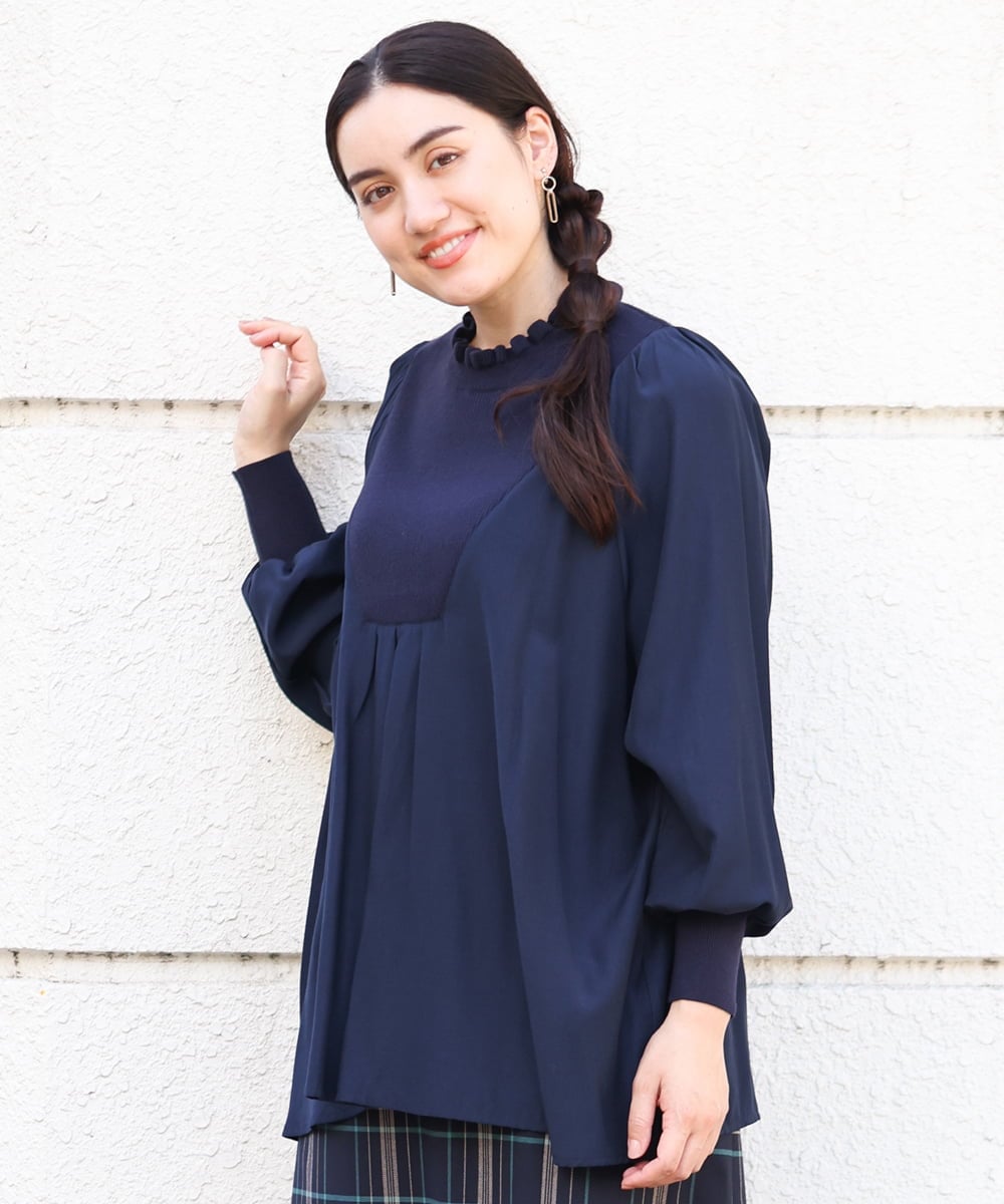OLBLP10090 eur3(エウルキューブ) 【雑誌掲載】【大きいサイズ/11号サイズあり】ニットドッキングフリルブラウス ネイビー(57)
