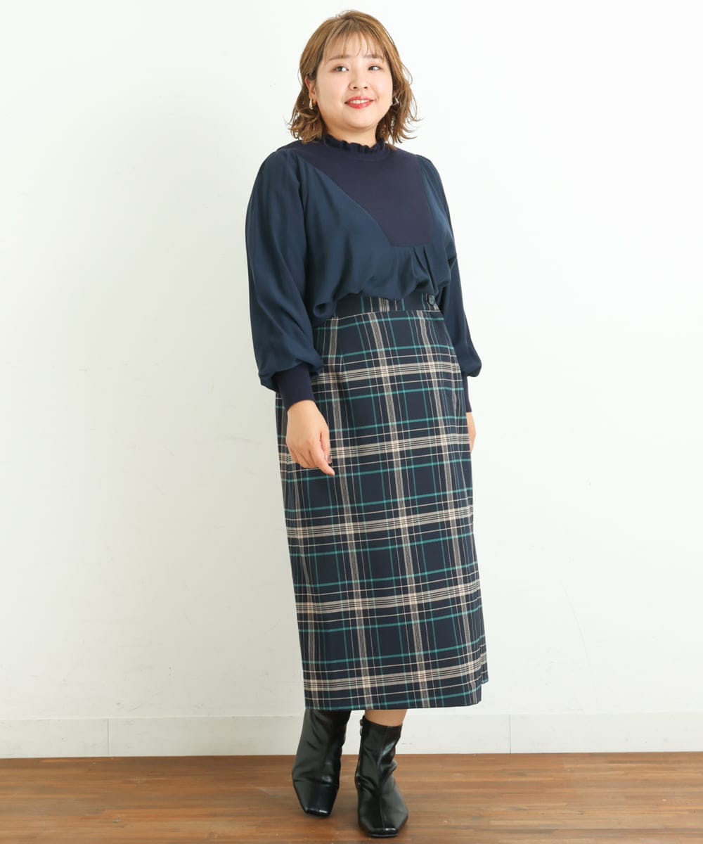 OLBLP10090 eur3(エウルキューブ) 【雑誌掲載】【大きいサイズ/11号サイズあり】ニットドッキングフリルブラウス ネイビー(57)