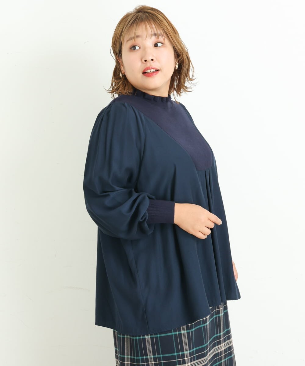 OLBLP10090 eur3(エウルキューブ) 【雑誌掲載】【大きいサイズ/11号サイズあり】ニットドッキングフリルブラウス ネイビー(57)