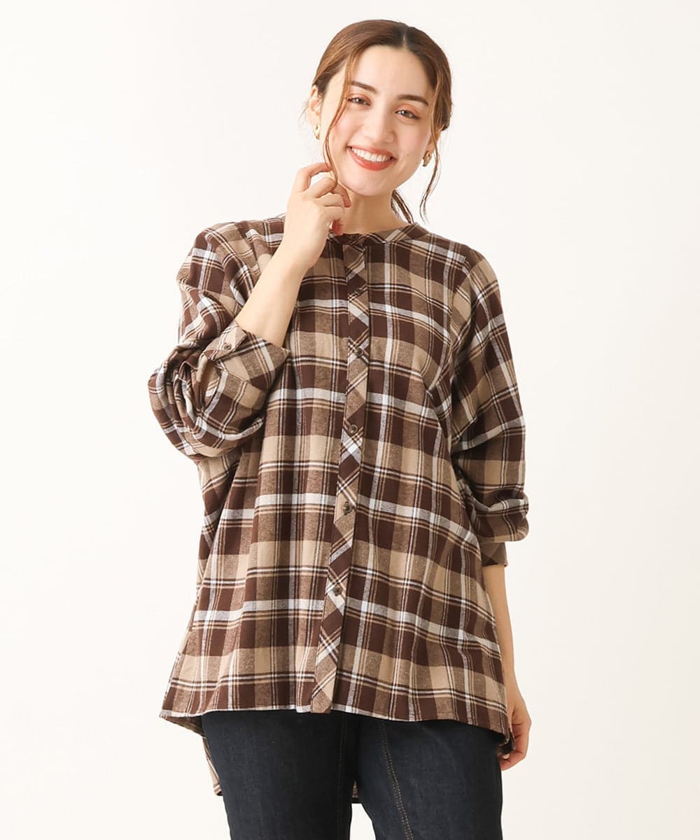 OLBLS12099 eur3(エウルキューブ) 【大きいサイズ/11号サイズあり】バンドカラーチェックネルシャツ ブラウン(87)