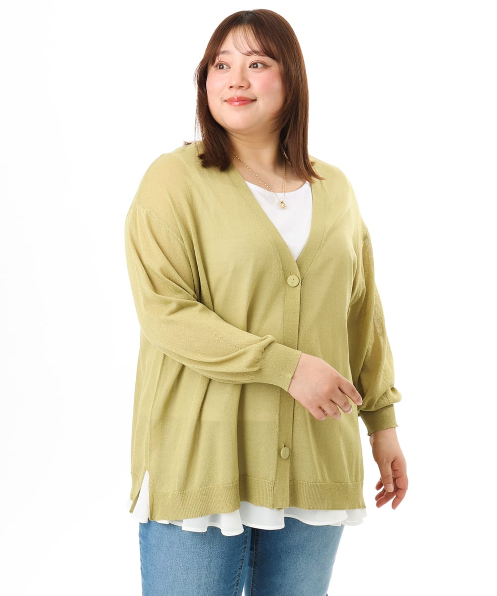 OLCGD07099 eur3(エウルキューブ) 【大きいサイズ/接触冷感】Vネックシア―カーディガン ライトグリーン