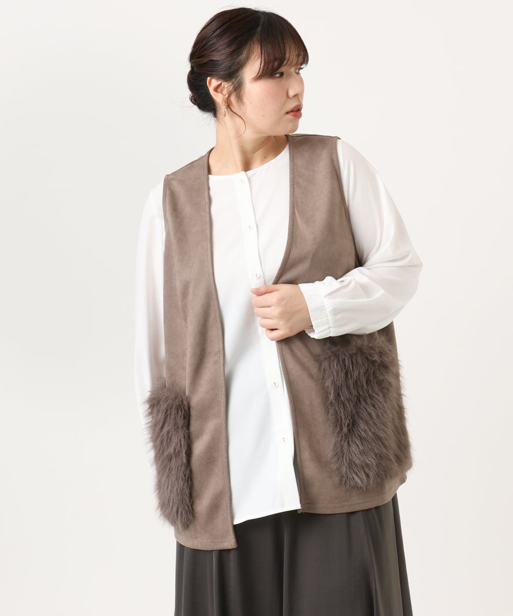 OLCKA07099 eur3(エウルキューブ) 【大きいサイズ】ファーポケットベスト モカ(84)