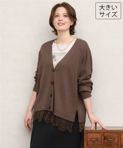 OLCKD03099 eur3 【大きいサイズ】裾レースVネックカーディガン