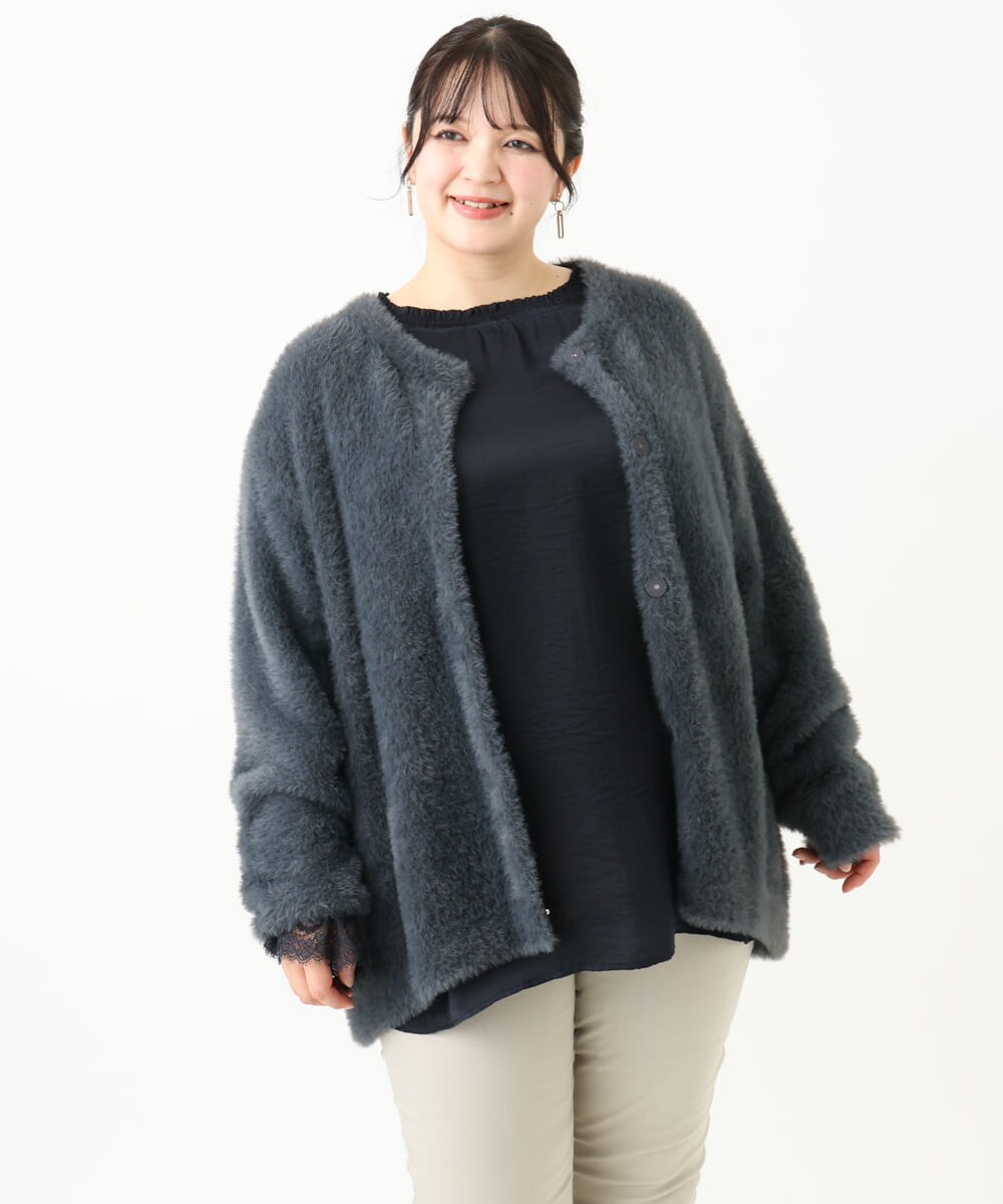 OLCLV02129 eur3(エウルキューブ) 【雑誌掲載】【大きいサイズ】ヘアリーニットジャケット ダークグレー(93)
