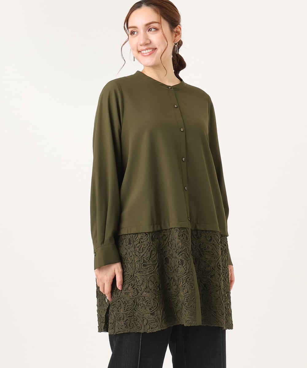 OLEAA13129 eur3(エウルキューブ) 【大きいサイズ】レースコンビシャツチュニック カーキ(36)