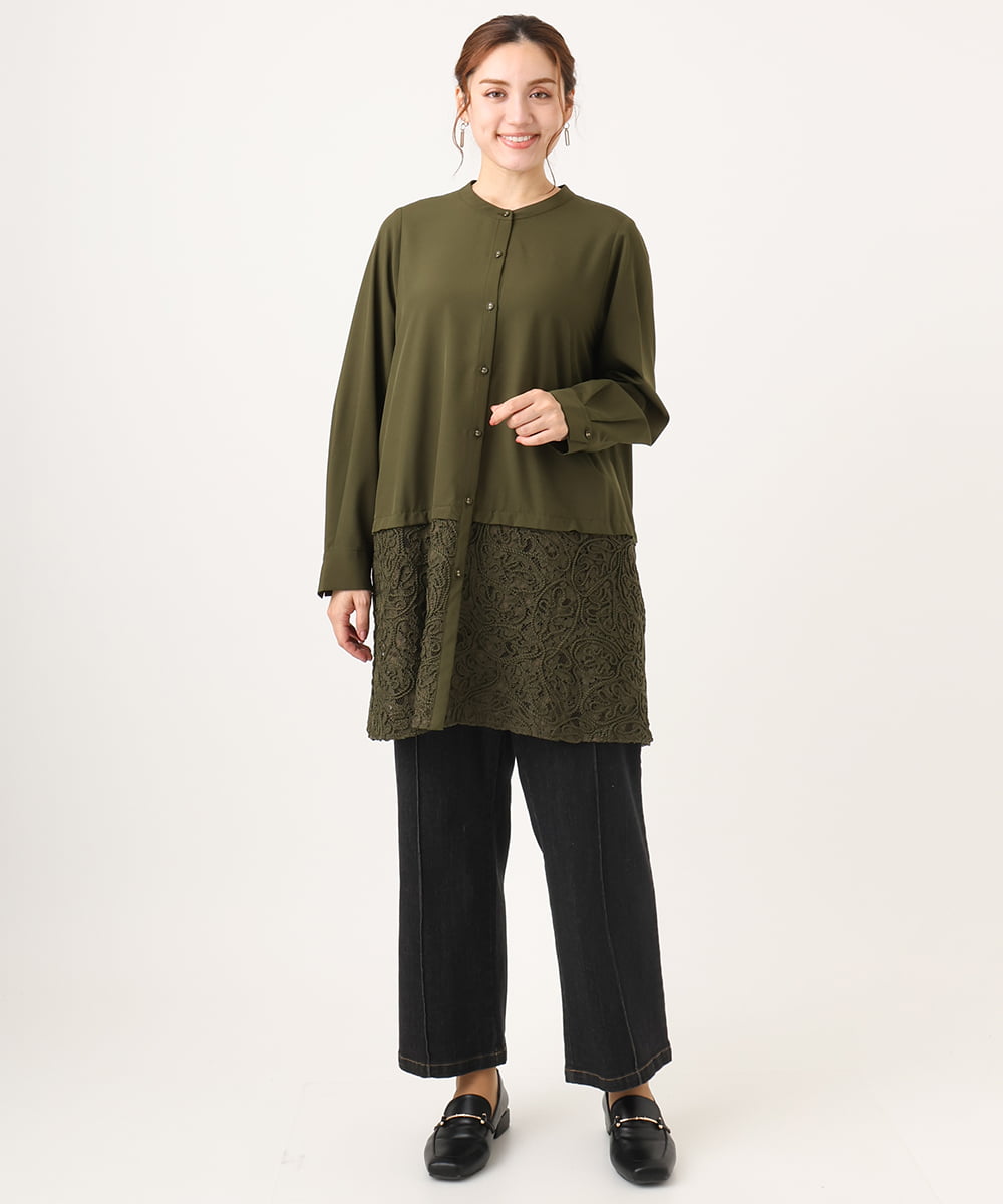 OLEAA13129 eur3(エウルキューブ) 【大きいサイズ】レースコンビシャツチュニック カーキ(36)
