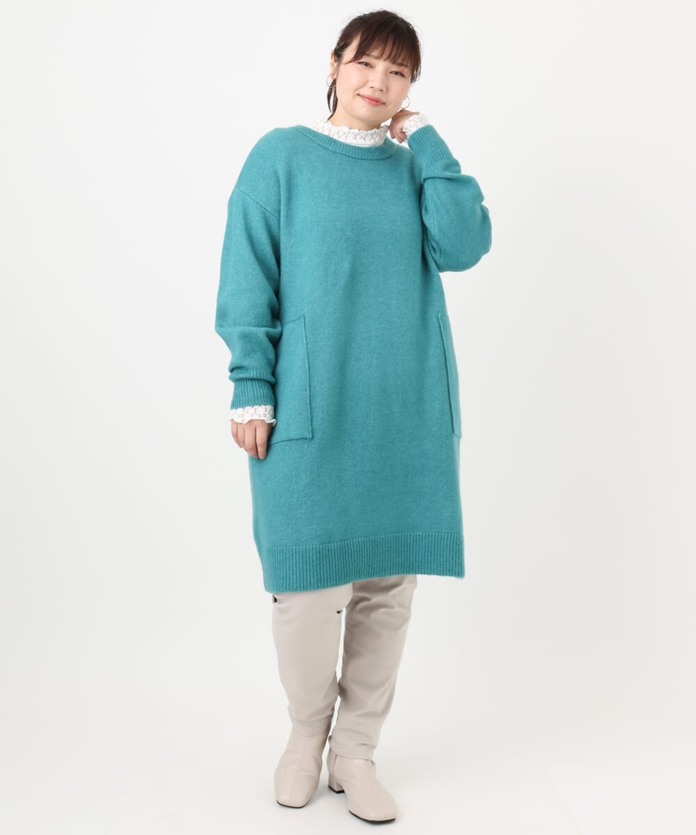 OLEAD22119 eur3(エウルキューブ) 【大きいサイズ/LAVEANGE×eur3】アンゴラタッチニットチュニックワンピース グリーン(35)