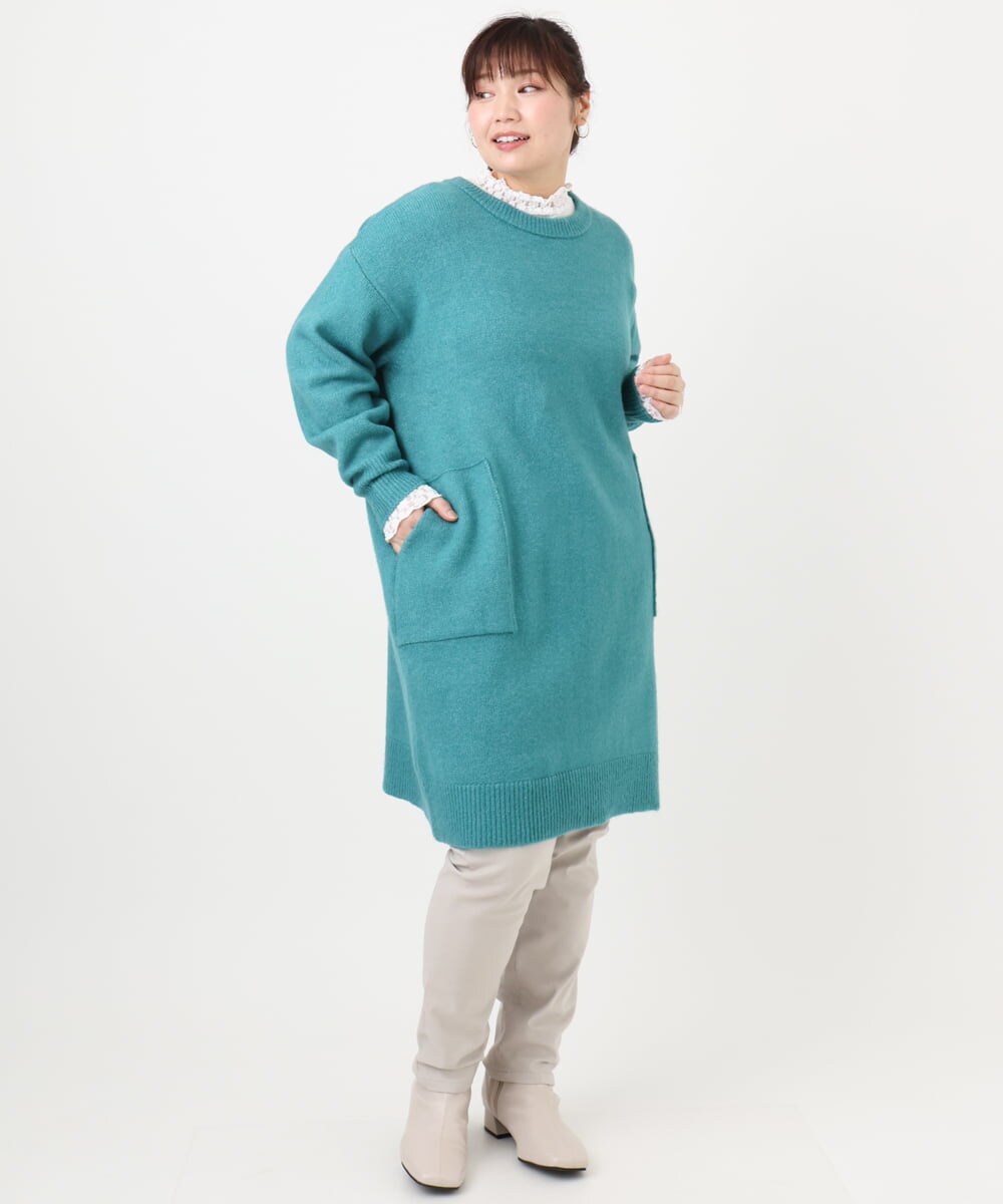 OLEAD22119 eur3(エウルキューブ) 【大きいサイズ/LAVEANGE×eur3】アンゴラタッチニットチュニックワンピース グリーン(35)
