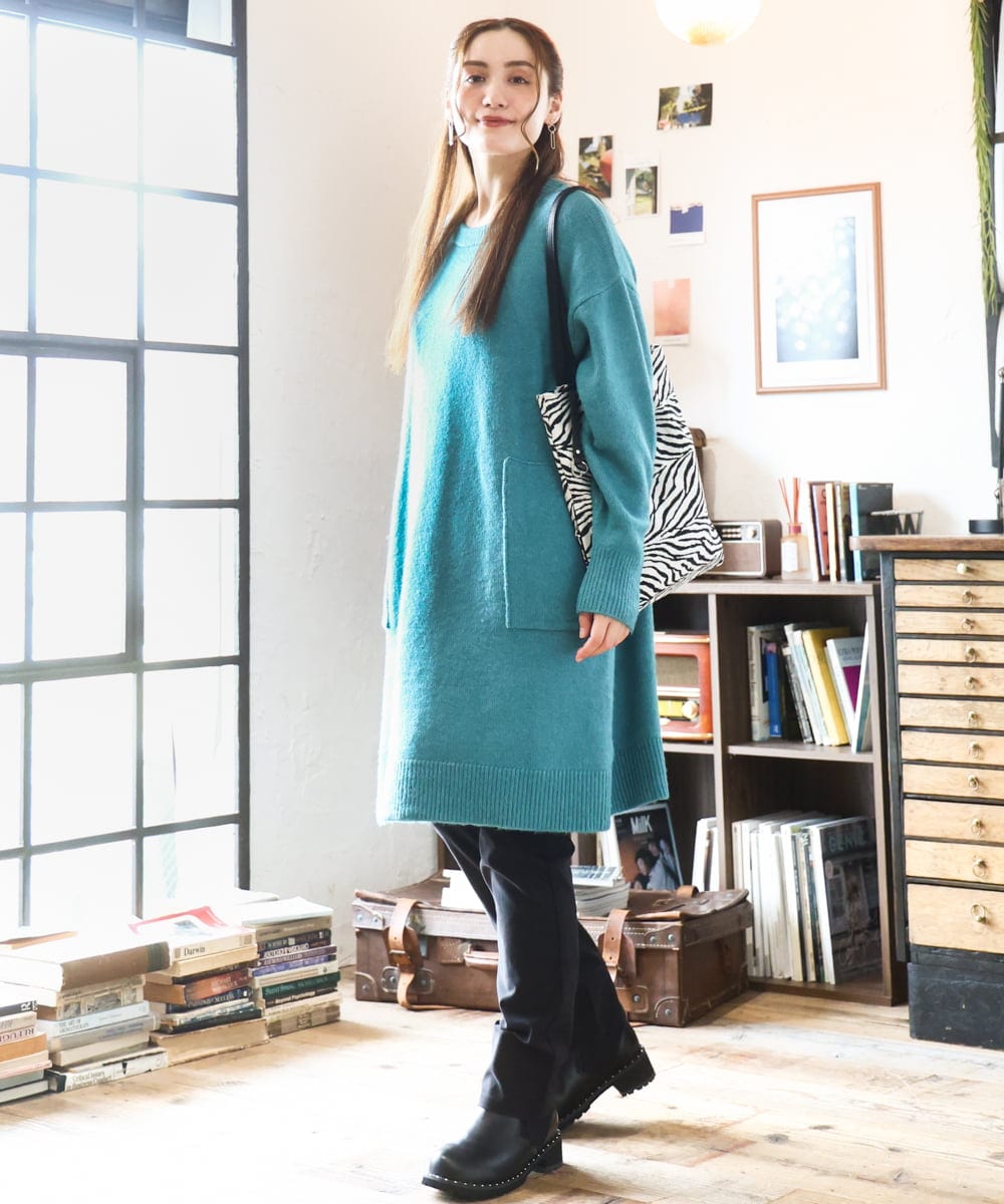 OLEAD22119 eur3(エウルキューブ) 【大きいサイズ/LAVEANGE×eur3】アンゴラタッチニットチュニックワンピース グリーン(35)